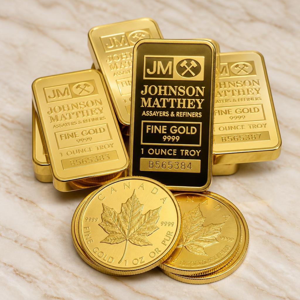 Johnson Matthey gold bullion bars and gold coins