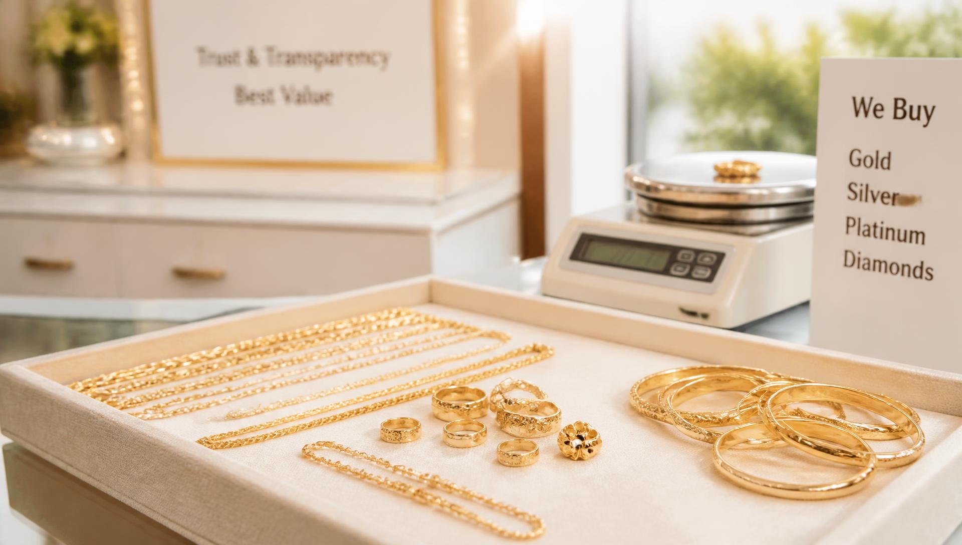 Gold jewellery laid out at the AGN shop ready for a free evaluation