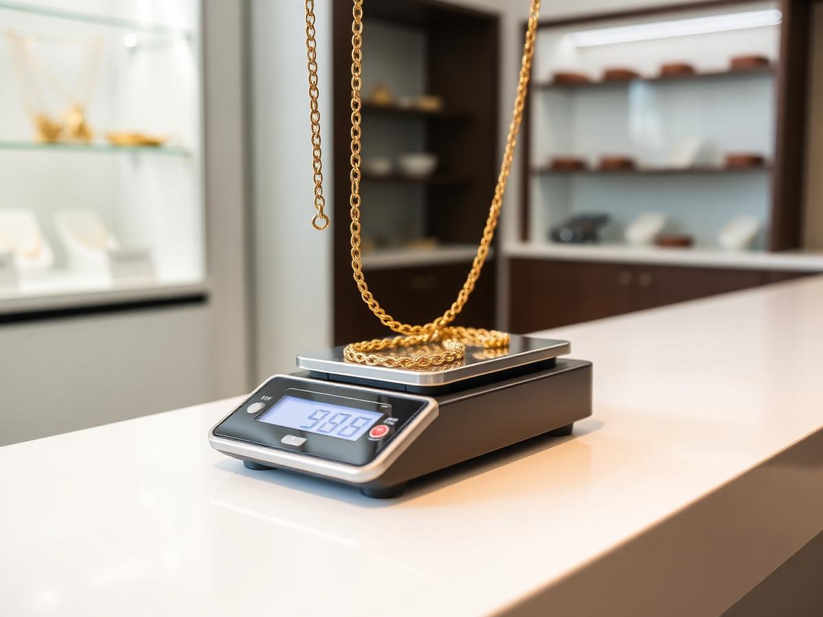 A gold chain being weighed on a jeweller's precision scale at the AGN shop